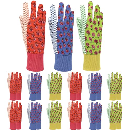 G & F Products G & F Women's Soft Cotton Jersey Gardening Gloves, Floral Print, PVC Dot Grip, Knit Wrist, Green, Red & Blue - style: 12 Pairs
