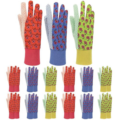 G & F Products G & F Women's Soft Cotton Jersey Gardening Gloves, Floral Print, PVC Dot Grip, Knit Wrist, Green, Red & Blue - style: 12 Pairs