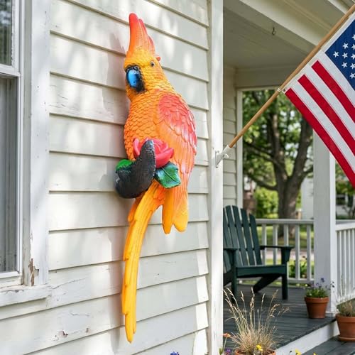 15" H Hanging Parrot Statue, Patio Decor Statues, Garden Outdoor Animal Tropical Statues Decor, Tiki Bar for Outside, Real Bird & Tiki Statue, Vibrant Hanging Parrots for Patio (Orange) - color: Orange Parrot