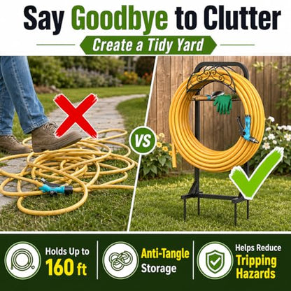 Garden Hose Holder, 160 ft, Storage Basket, Triangular Base, Black