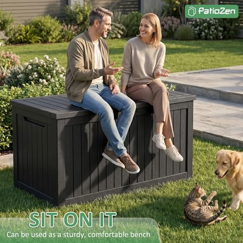 PatioZen 310 Gallon Deck Box Lockable Waterproof UV Resistant Black - color: Black, size: 310 Gallon