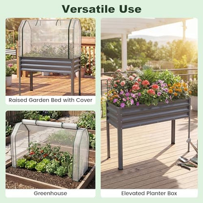 Giantex Raised Garden Bed with Legs & Greenhouse Cover, 44x20x60 Elevated Metal Planter Box with Roll-up Door, Outdoor Mini Greenhouse for Vegetable Flower Herb Patio Balcony (Gray,1) - color: Gray