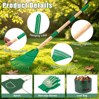 34" Kids Adjustable Leaf Rake Set 7 Pack with 2 Aprons & Leaf Bag - size: 7pcs