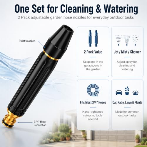 High Pressure Hose Nozzle, Black Alloy Core, 2 Pack