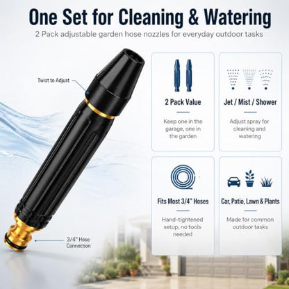 High Pressure Hose Nozzle, Black Alloy Core, 2 Pack