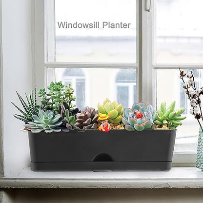 5 Pack Window Boxes Planters 16 Inches Rectangular Planter Herb Planter Boxes Large Plastic Flower Pots Rectangle Black Planter Outdoor and Indoor Succulent Window Sill Planter Self Watering Pots