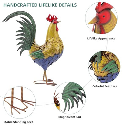 32 in Metal Rooster Statue, Farmhouse Yard & Garden Decor - color: 32"h-xl Rustic Yellow Rooster