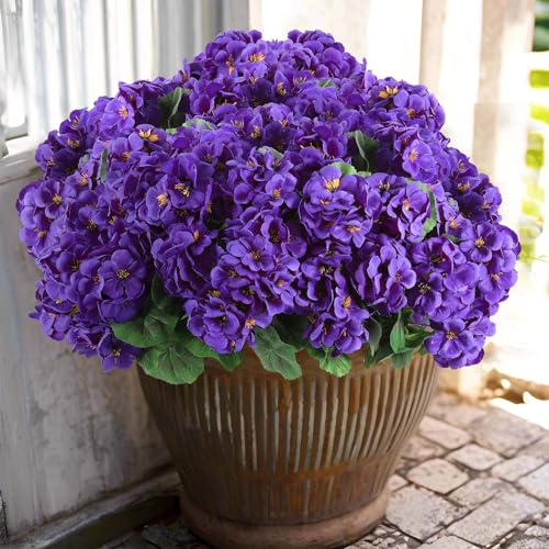 Hananona 6 Pcs Artificial Geranium Flowers for Outdoors Geranium Silk Flowers Outdoor UV Resistant Garden Plants Faux Flowers for Home Kitchen Table Centerpieces Decor (6, Purple) - color: Purple