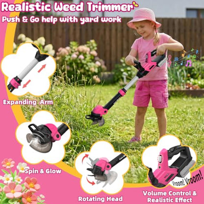 Kids Tool Set, 3-IN-1 Kids Leaf Blower, Weed Wacker & Hedge Trimmer Toy - color: Pink