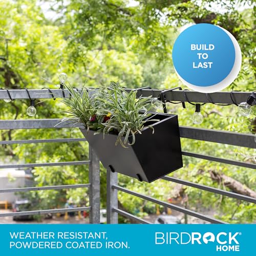 BIRDROCK HOME 2pk Metal Railing Planter Box | Flower Boxes for Deck Railings | Adjustable Rail Hanging Bracket | Black Balcony Boxes | House Apartment Plant Pot