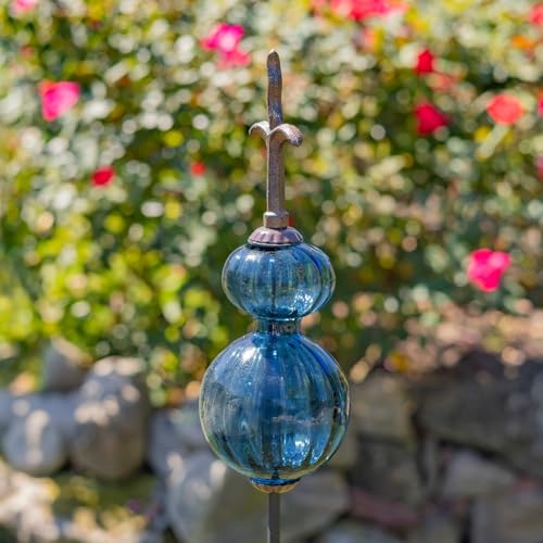 Zaer Ltd. Colored Blown Glass Garden Stake with Cast Iron Finial on Top (Pack of 2) (Dark Blue/Gray) - color: Dark Blue/Gray (Pack of 2)