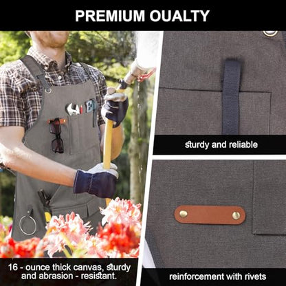 Unisex Woodworking Work Apron, 16oz Multi-Pocket Canvas Apron - color: Grey