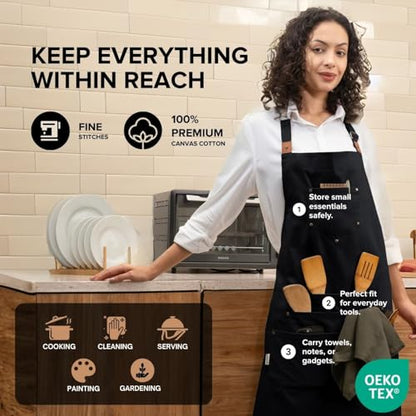 Cotton Canvas Apron for Women & Men – Adjustable Neck Strap & Waist Ties with Pockets - color: Black