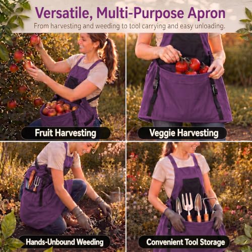 Gardening Apron with Pockets, Heavy Duty Canvas Harvest Apron - color: Purple