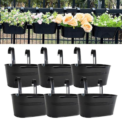 6 Pack 12" Metal Balcony Fence Railing Planters for Outdoor, Oval Black - color: Oval-black