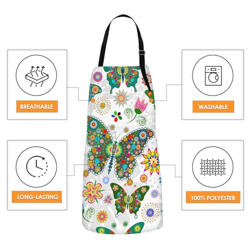 Britimes Butterfly Apron Floral Colorful Butterflies Flowers Aprons Kitchen Cooking Gardening for Women With Pockets - color: Cute Aprons 3