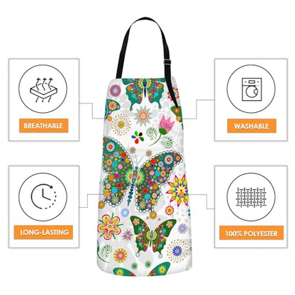 Britimes Butterfly Apron Floral Colorful Butterflies Flowers Aprons Kitchen Cooking Gardening for Women With Pockets - color: Cute Aprons 3