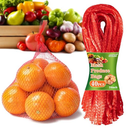 Sukh 90PCS Mesh Produce Bags - 24Inch Vegetable Storage Net Bags Red - color: Red