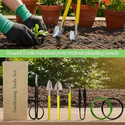 Bonsai Tools Set 7Pcs, MOSFiATA Bonsai Tree Tools Kit Succulent Trimming Tools Include Scissors, Cutters, Rake, Round and Pointed Shovel &Training Wire for Bonsai Beginner Gardening Gifts - size: Bonsai Tools 7Pcs