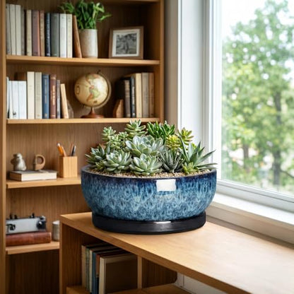 Bonsai Pots, 13 Inch Ceramic Succulent Pot with Saucer, Blue - color: Blue, size: 13 Inch
