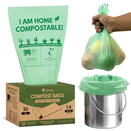 AIRNEX Small Compost Bags 1.6 Gal - 50 Compostable Kitchen Trash Bags for Countertop Bin - Cornstarch Leakproof & Tear-Resistant - OK Compost Home & Seedling Certified 0.18 mm Kitchen Garbage Bags - style: 1.6 Gal, 50 Pack