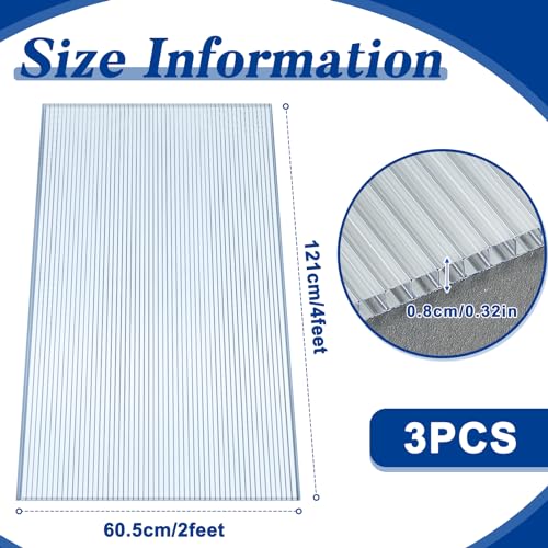 Hotop 3 Pcs Polycarbonate Greenhouse Panels Double Layer Polycarbonate Panels Waterproof UV Protected Sheet Corrugated Plastic Roof Greenhouse Replacement Cover (4' X 2' X 0.32") - size: 4' X 2' X 0.32"