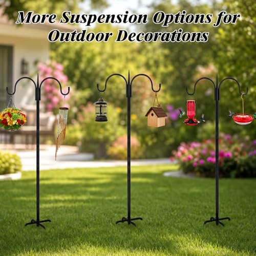 FEED GARDEN Small Shepherds Hook 63" Double Hooks Adjustable (47/63") - Alloy Steel 5-Prong Base, 12lb Capacity - Easy Assembly Bird Feeder Pole for Hanging Planters, Lanterns, Wind Chimes - size: 63 Inch