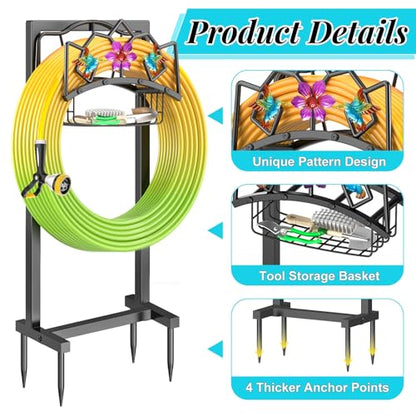 Garden Hose Holder, Heavy Duty Metal Water Hose Holder with Storage Basket, Freestanding Hose Stand Hanger, Sturdy Hoses Storage Rack 150-feet for Outside Yard Lawn - style: Hummingbird+Basket