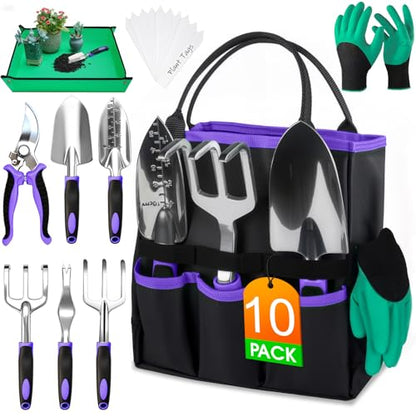 WOWBOX Garden Tools Set, 10 PCS Heavy Duty Gardening Hand Tools Kit, Purple - style: Black Purple