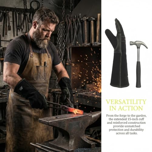 Leather Welding Gloves, Fireplace Glove,Fire & Heat Resistant, L - color: Black 1 Pair, size: Large