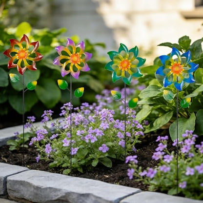 4 Pack Wind Spinners Outdoor, Colorful Metal Flower Windmill - size: 4 Pack-27x7