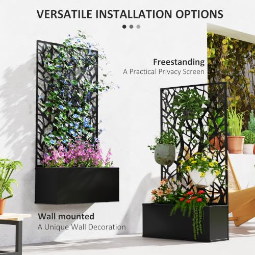 Outsunny Metal Raised Garden Bed with Trellis, Two Big Tree Cut-Outs - style: Two Big Tree Cut-Outs