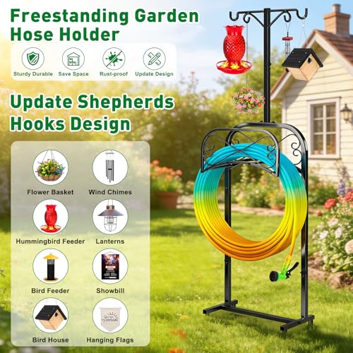 Gtongoko Garden Hose Holder for Outside 70" with 4 Prongs Base & 2 Shepherds Hooks Heavy Duty Freestanding Metal Water Hose Holder Stand Holds Up to 150FT Hose & 44LB Detachable Hose Storage for Yard - size: 70 Inch