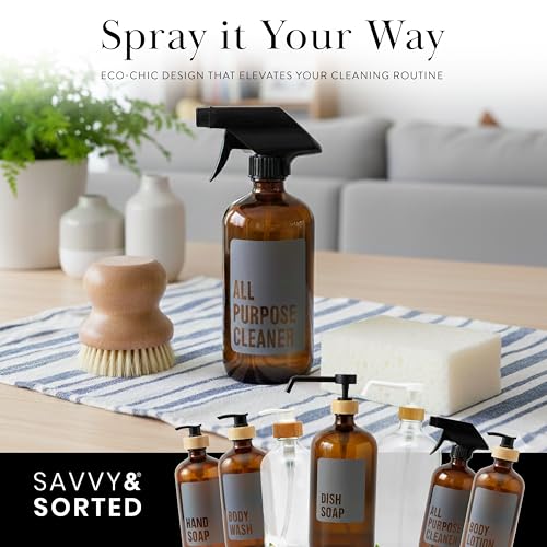 SAVVY & SORTED Amber Glass Spray Bottles for Cleaning, Refillable Amber Spray Bottle with Label, Glass Cleaning Bottles with Adjustable Nozzle, 17 Fl Oz / 500 ml
