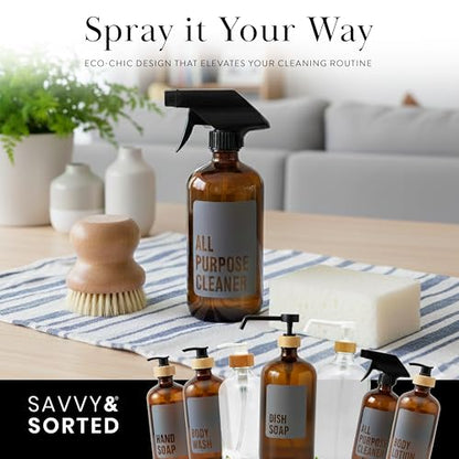 SAVVY & SORTED Amber Glass Spray Bottles for Cleaning, Refillable Amber Spray Bottle with Label, Glass Cleaning Bottles with Adjustable Nozzle, 17 Fl Oz / 500 ml