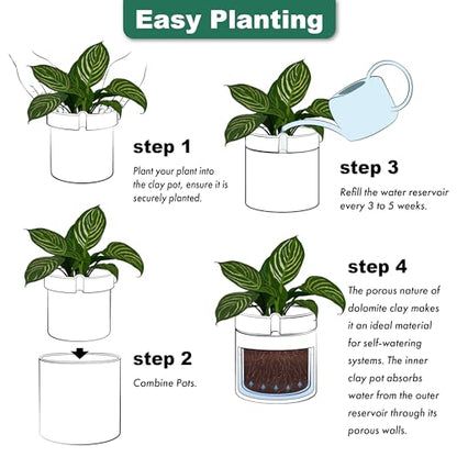 Phoenix Vine 10 Inch Cylinder Self Watering Planter, White Glazed Outer Plant Pot with Dolomite Clay Inner Planter for Indoor Plants, White, 31-A-I-W - color: White