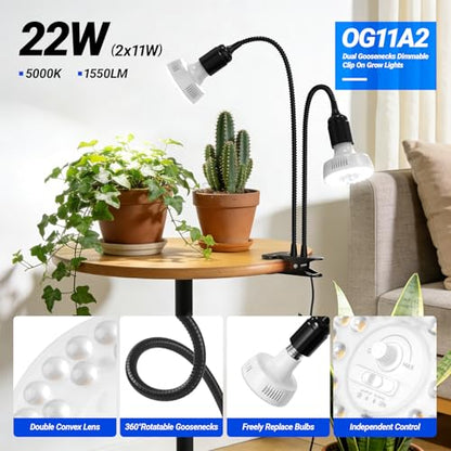 Barrina OG11A2 Clip On Grow Light for Indoor Plants, 5000K 22W(2 x 11W)