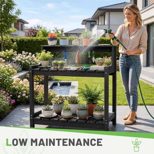Outdoor HDPE Garden Potting Bench Weatherproof Potting Table Outside - color: Black