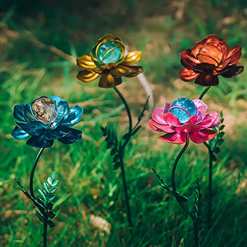 Viveta 4 Pack Flower Garden Stakes Decor, 12.9 inch Metal Flowers Outdoor Decor Waterproof Metal Flower Sticks for Patio, Lawn, Yard Decorations - color: Pink
