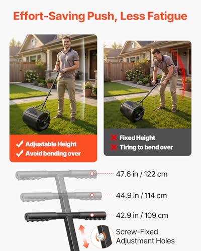 VEVOR Compost Spreader, 16.5" Wide Peat Moss Spreader with T Shaped Handle, 3 Heights Adjustable, Powder-Coated Steel Garden Peat Moss Roller, Heavy Duty Grass Seed Roller for Planting Seeding, Black - size: 16.5in