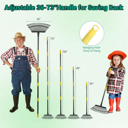 Rake for Leaves Set, Heavy-Duty Garden Rake for Lawns, 73-Inch Adjustable