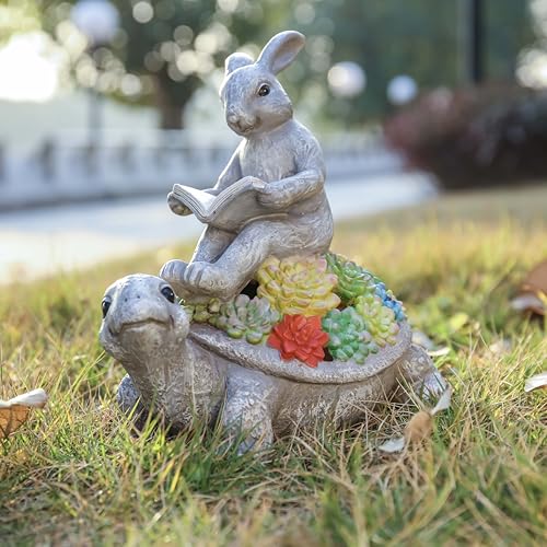 TERESA'S COLLECTIONS Rabbit Turtle Garden Decor with Solar Light 6.3" - size: Medium
