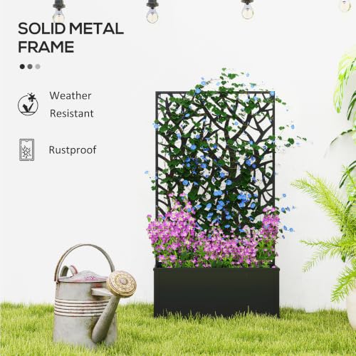 Outsunny Metal Raised Garden Bed with Trellis, Two Big Tree Cut-Outs - style: Two Big Tree Cut-Outs