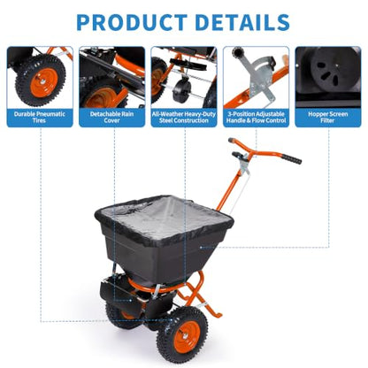 Push Broadcast Spreader, 100lb Large Capacity, 12ft Broadcast Width - color: Orange+100LBS