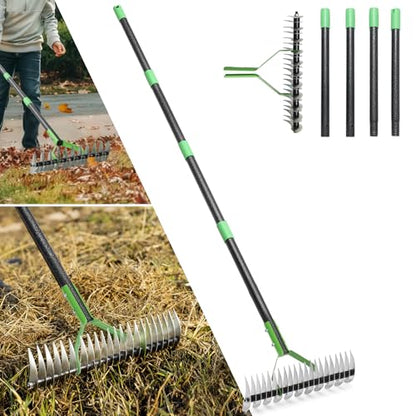 Thatch Rake, 13" Wide Efficient Dethatcher Rake with 70" Adjustable Long Handle, Heavy Duty Steel Metal Dethatching Rakes for Cleaning Dead Grass, Loosening Soil, Lawn Care in Yard Garden - size: 70"
