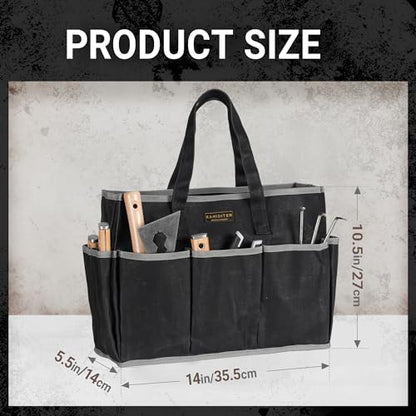 Waxed Canvas Tote Bag, Heavy Duty Multi-Purpose Canvas Tool Bag with 10 Pockets for Screwdrivers/Wrench/Pliers/Electricians Storage, Black - color: Black