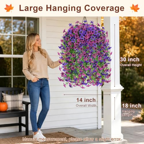 Artificial Hanging Flowers for Outdoors, 2 PCS 344-Bloom UV Resistant Mums - color: Double Purple