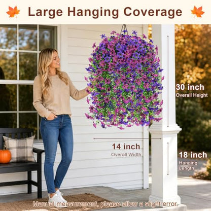 Artificial Hanging Flowers for Outdoors, 2 PCS 344-Bloom UV Resistant Mums - color: Double Purple