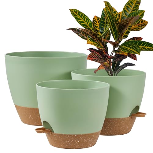 FaithLand 3-Pack Large Planter Pots, 12 10 9 Inch Self Watering Flower Pots for Indoor Outdoor Garden Plants, Green with Brown - color: Green With Brown, size: 12"+10"+9"