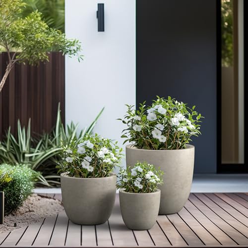 Kante Set of 3 Weathered Concrete Bowl Planters 18" 14" 10" Dia - color: Buff Concrete, size: 18"d + 14"d + 10"d